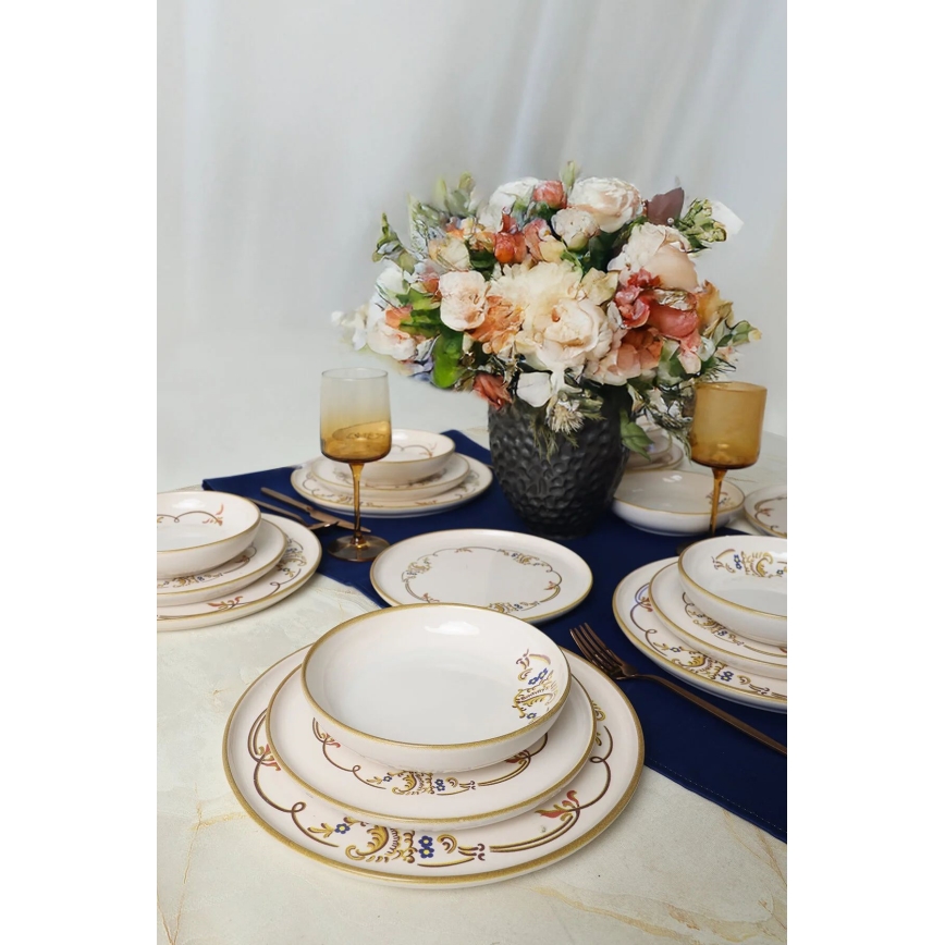 18-delni jedilni komplet v kremno-zlati barvi, keramika