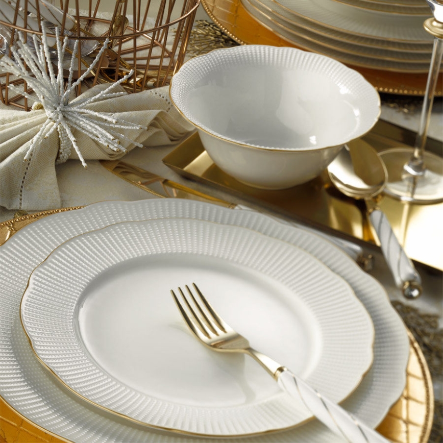 18-delni jedilni servis iz belega porcelana z zlatimi detajli