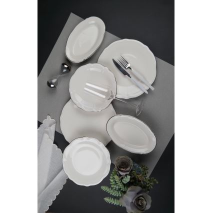 18-delni jedilni set, kremne/srebrne barve, iz porcelana