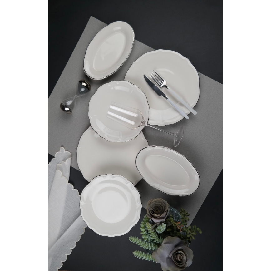 18-delni jedilni set, kremne/srebrne barve, iz porcelana