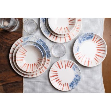 24-delni jedilni komplet, bel/rdeč/moder, porcelan