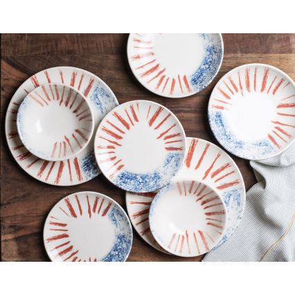 24-delni jedilni komplet, bel/rdeč/moder, porcelan