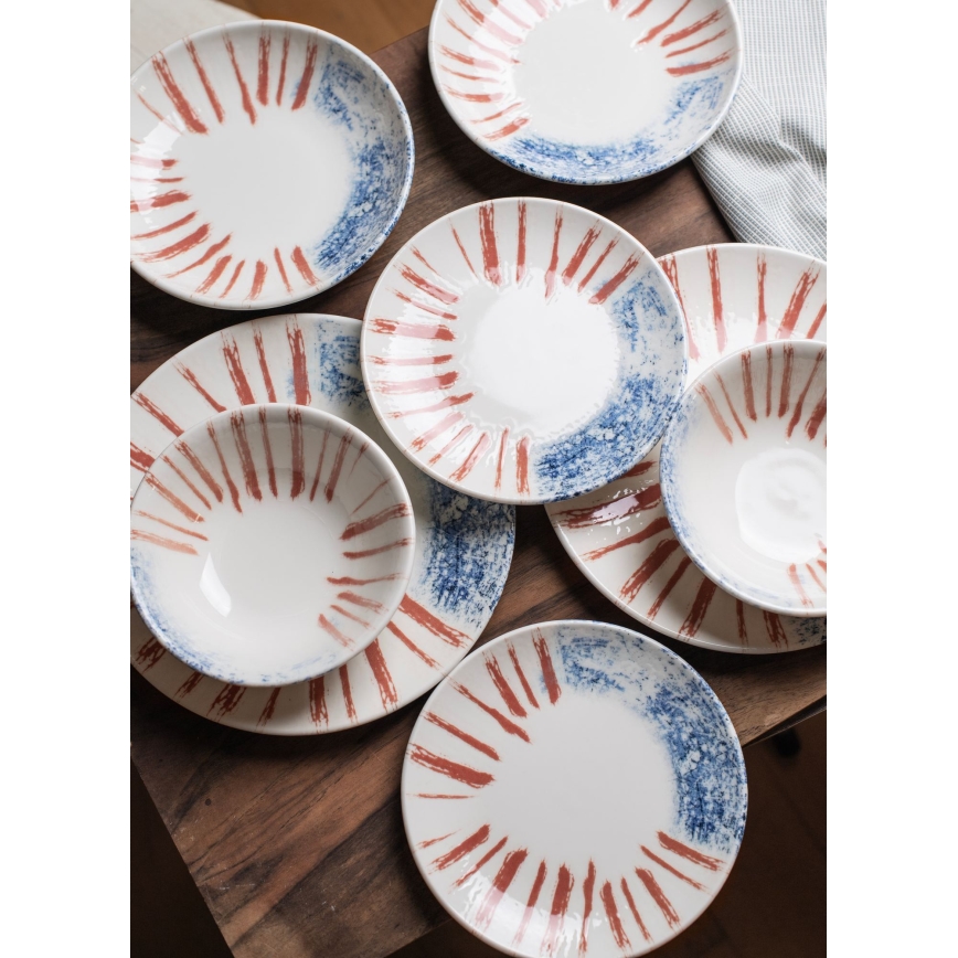 24-delni jedilni komplet, bel/rdeč/moder, porcelan