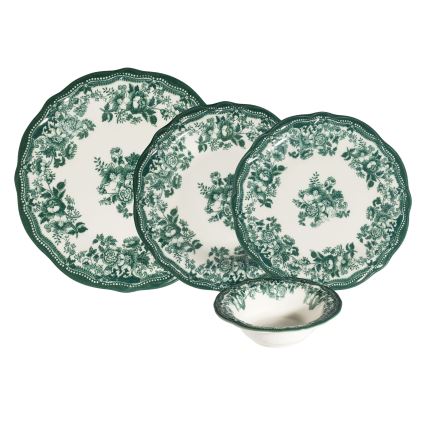24-delni jedilni komplet iz porcelana v beli in zeleni barvi