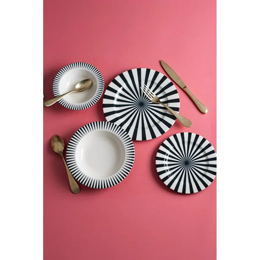24-delni jedilni servis, bel/črn/porcelan