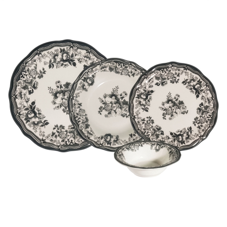 24-delni jedilni servis, bel/črn, porcelan