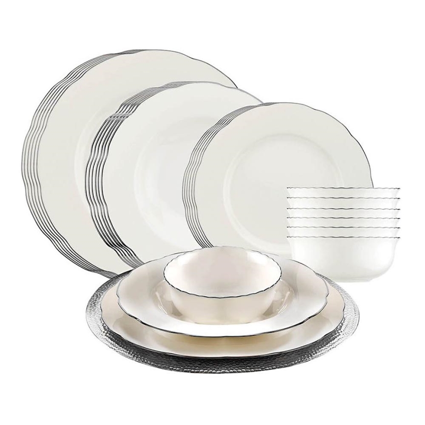 24-delni jedilni servis, bel/srebrn, porcelan