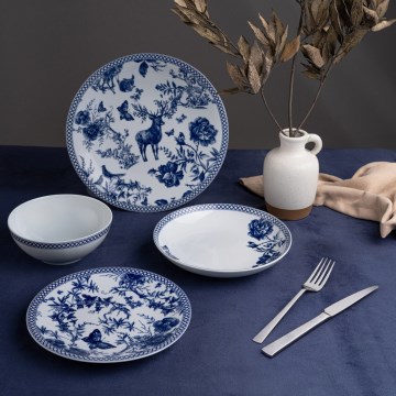 24-delni jedilni servis iz porcelana, bel/moder