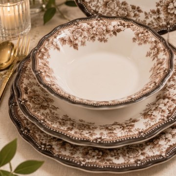 24-delni jedilni servis iz porcelana v beli/rjavi barvi