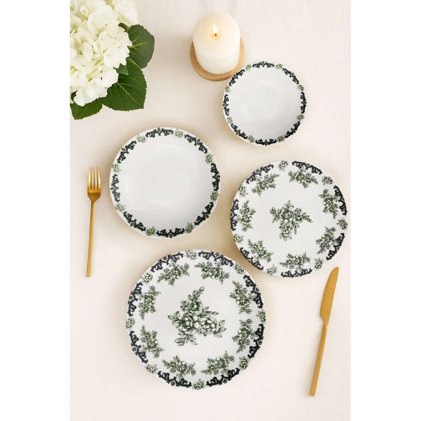 24-delni jedilni servis v beli ali zeleni barvi, iz porcelana