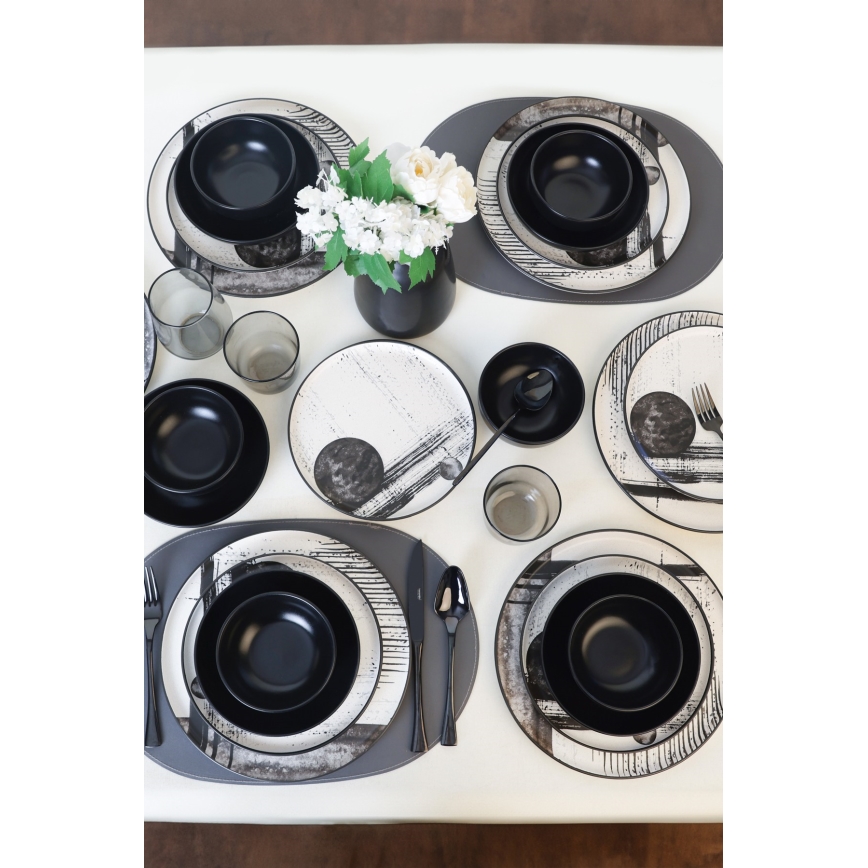 24-delni jedilni set, bel/črn/iz kamenine