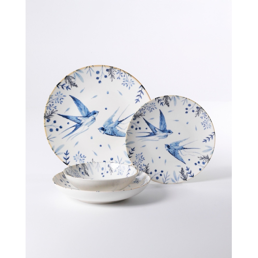 24-delni jedilni set, bel/moder, porcelan