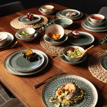 24-delni jedilni set bež/zelena/kamenina