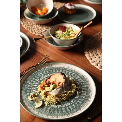 24-delni jedilni set bež/zelena/kamenina