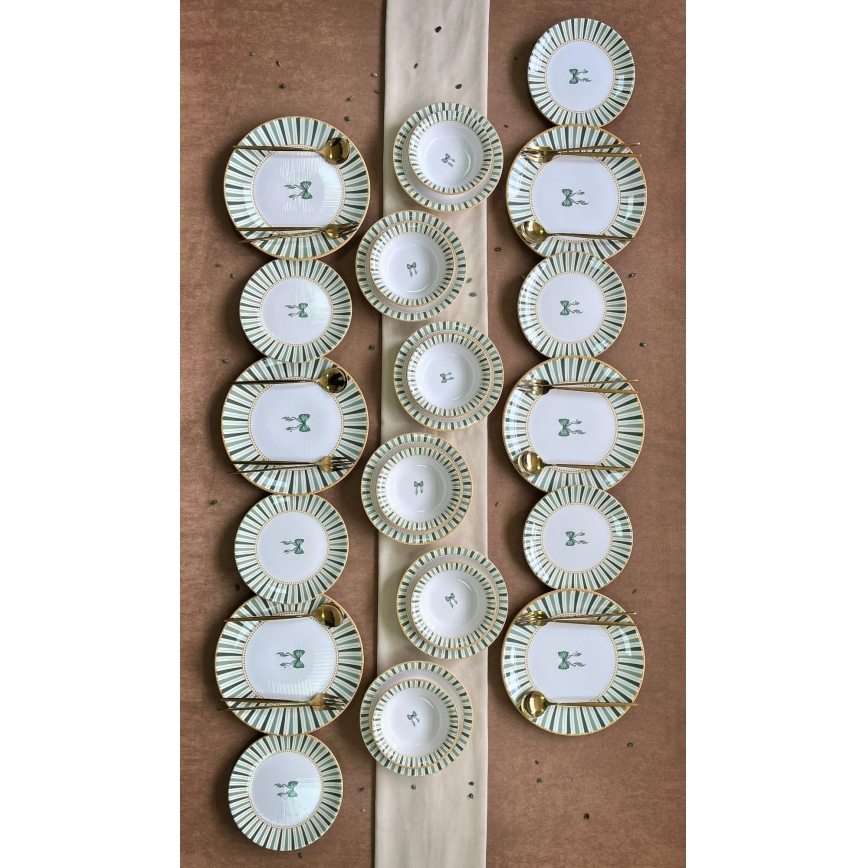 24-delni jedilni set v beli/zeleni/zlati barvi, keramika