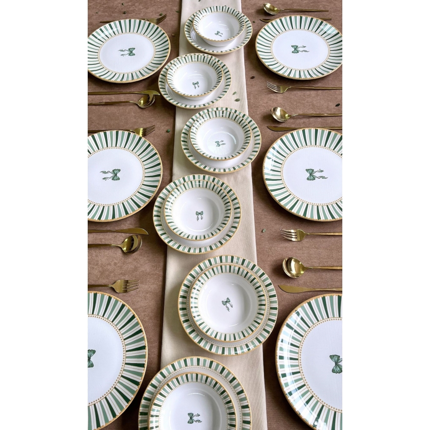 24-delni jedilni set v beli/zeleni/zlati barvi, keramika
