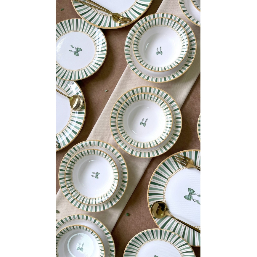 24-delni jedilni set v beli/zeleni/zlati barvi, keramika