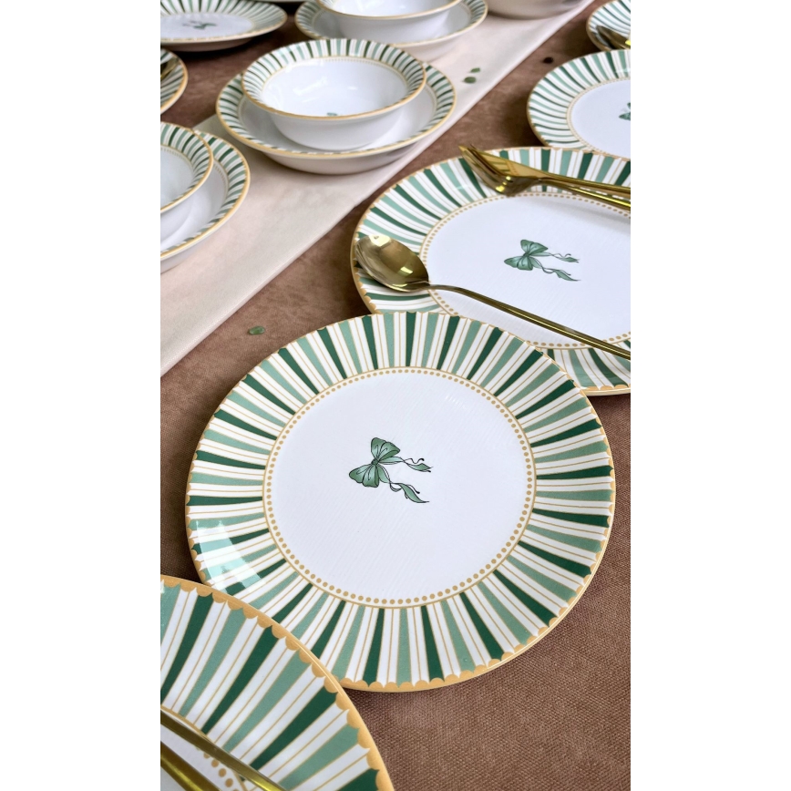 24-delni jedilni set v beli/zeleni/zlati barvi, keramika
