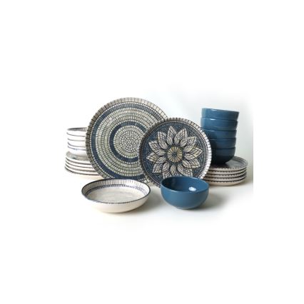 24-delni jedilni set v modri in krem barvi, iz kamenine