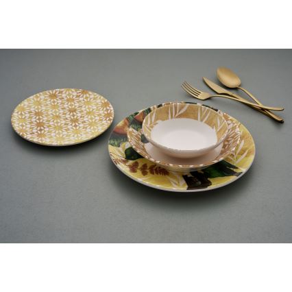24-delni keramični jedilni komplet, rumena/zelena/bela