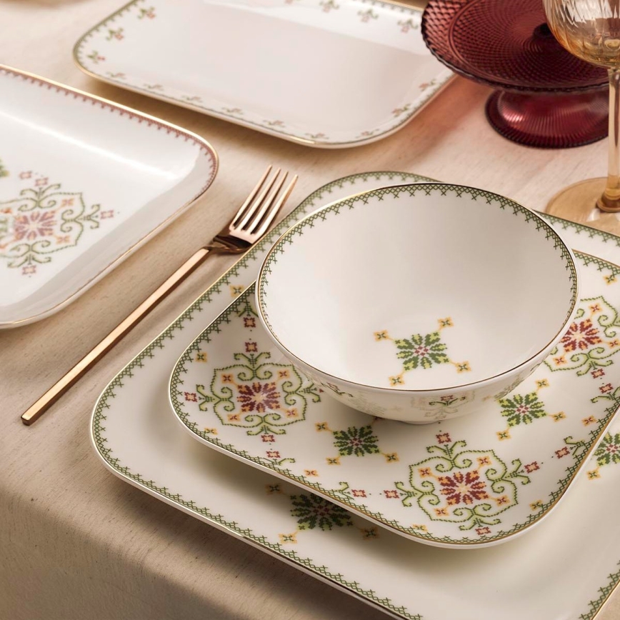 26-delni jedilni komplet, bela/zelena, porcelan