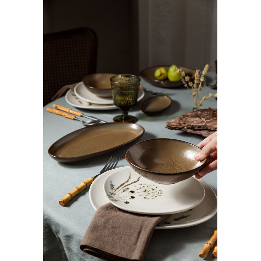 27-delni jedilni komplet, bel/rjav, porcelan