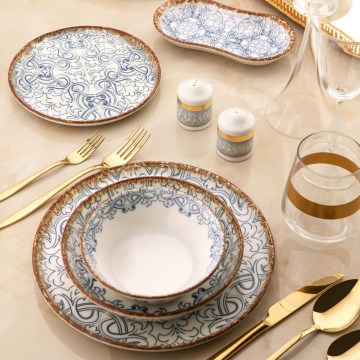 27-delni jedilni komplet, modra/rjava, porcelan