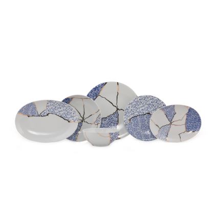 28-delni jedilni set v beli/zlati/modri barvi, iz porcelana