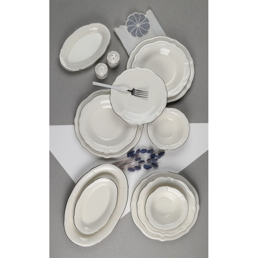 53-delni jedilni komplet, bel/srebrn, porcelan