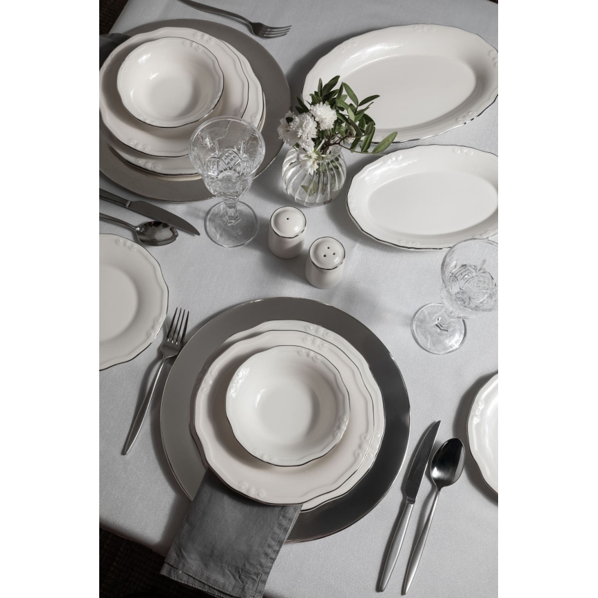53-delni komplet jedilnega posodja, bel/srebrn, porcelan