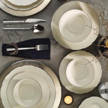 54-delni jedilni servis v beli/srebrni/slonokoščeni barvi, iz porcelana