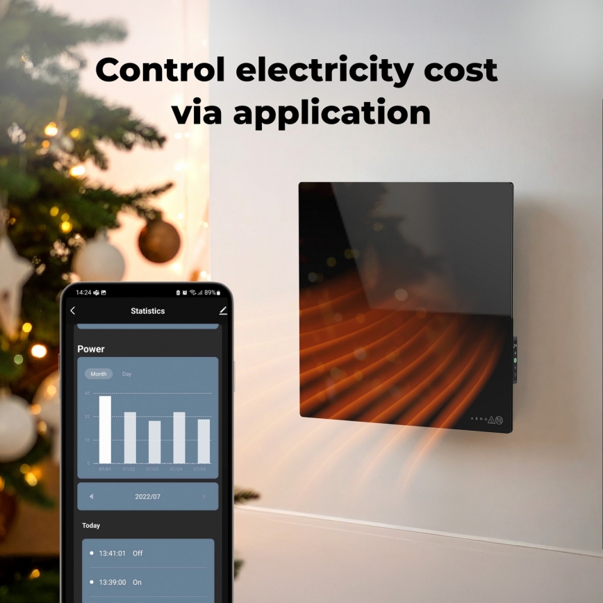 AENO - Pametni električni infrardeči panel 500W s časovnikom/termostatom, Wi‑Fi, bela