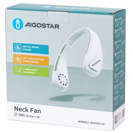 Aigostar - Akumulatorski vratni ventilator 4W/5V 2000mAh bela