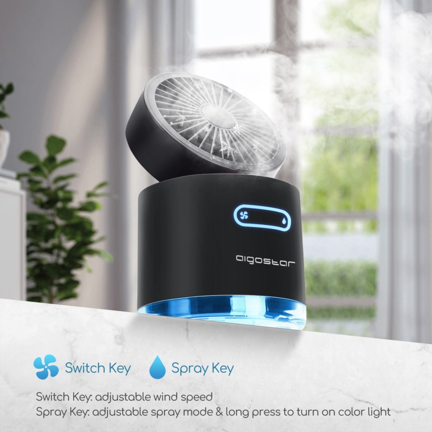 Aigostar - RGB Brezžični mini namizni ventilator z učinkom megle MIST 10W/5V črna
