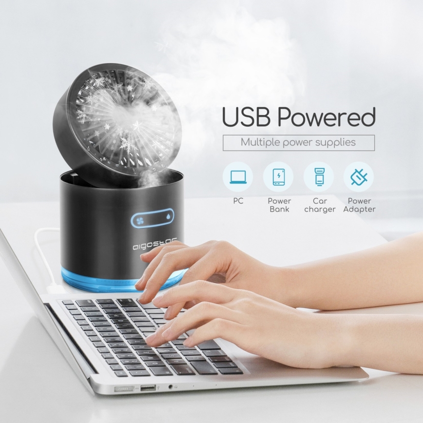 Aigostar - RGB Brezžični mini namizni ventilator z učinkom megle MIST 10W/5V črna