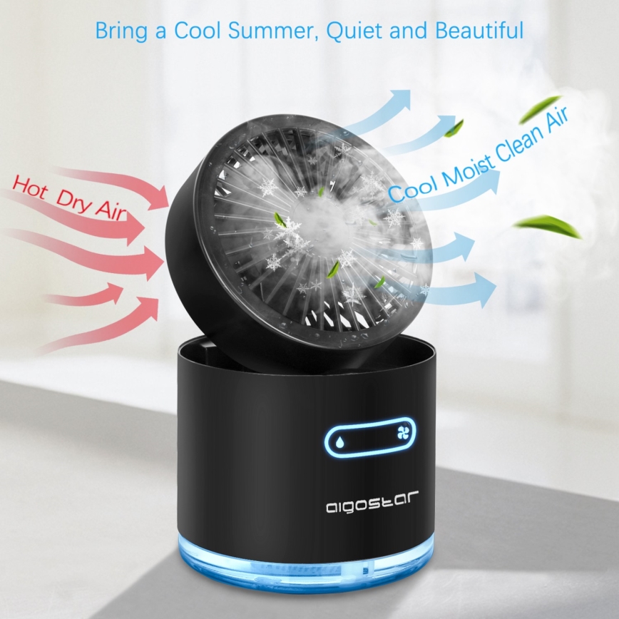 Aigostar - RGB Brezžični mini namizni ventilator z učinkom megle MIST 10W/5V črna