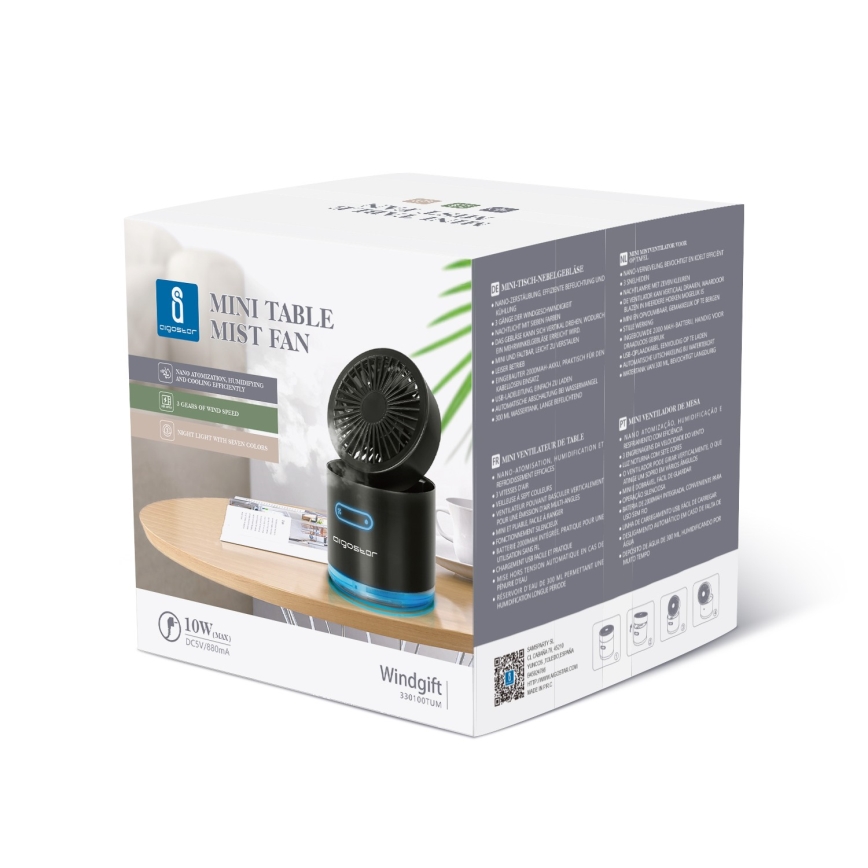 Aigostar - RGB Brezžični mini namizni ventilator z učinkom megle MIST 10W/5V črna