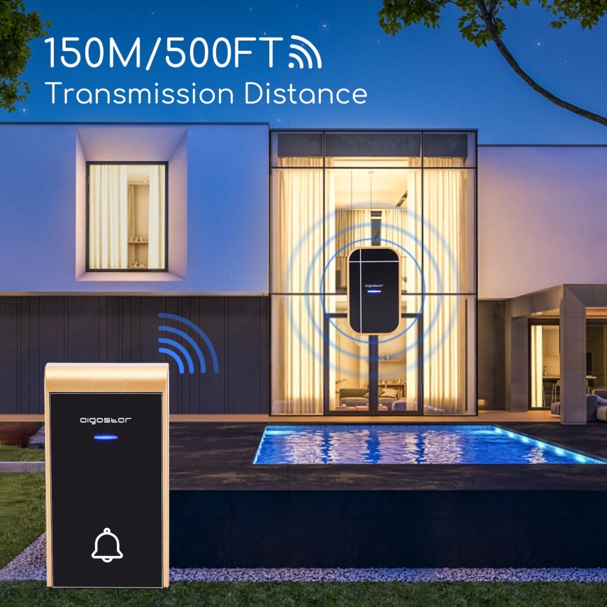 Aigostar - Brezžični zvonec za vtičnico 230V/12V IP44 črna