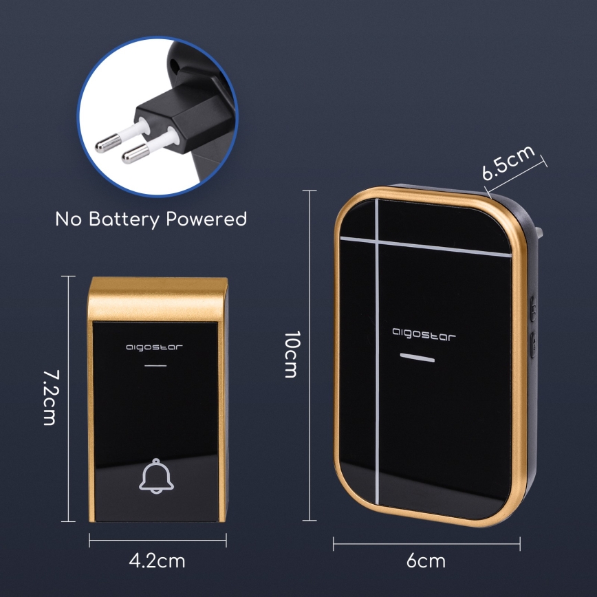 Aigostar - Brezžični zvonec za vtičnico 230V/12V IP44 črna