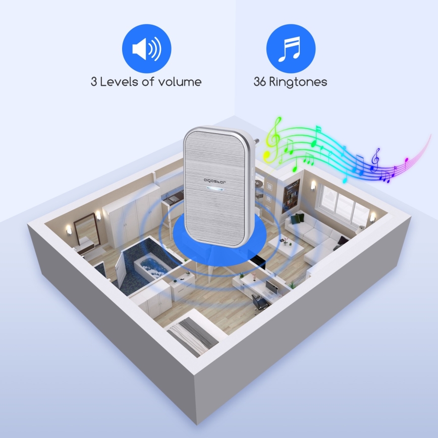 Aigostar - Brezžični zvonec za vtičnico 230V/12V IP44, srebrne barve