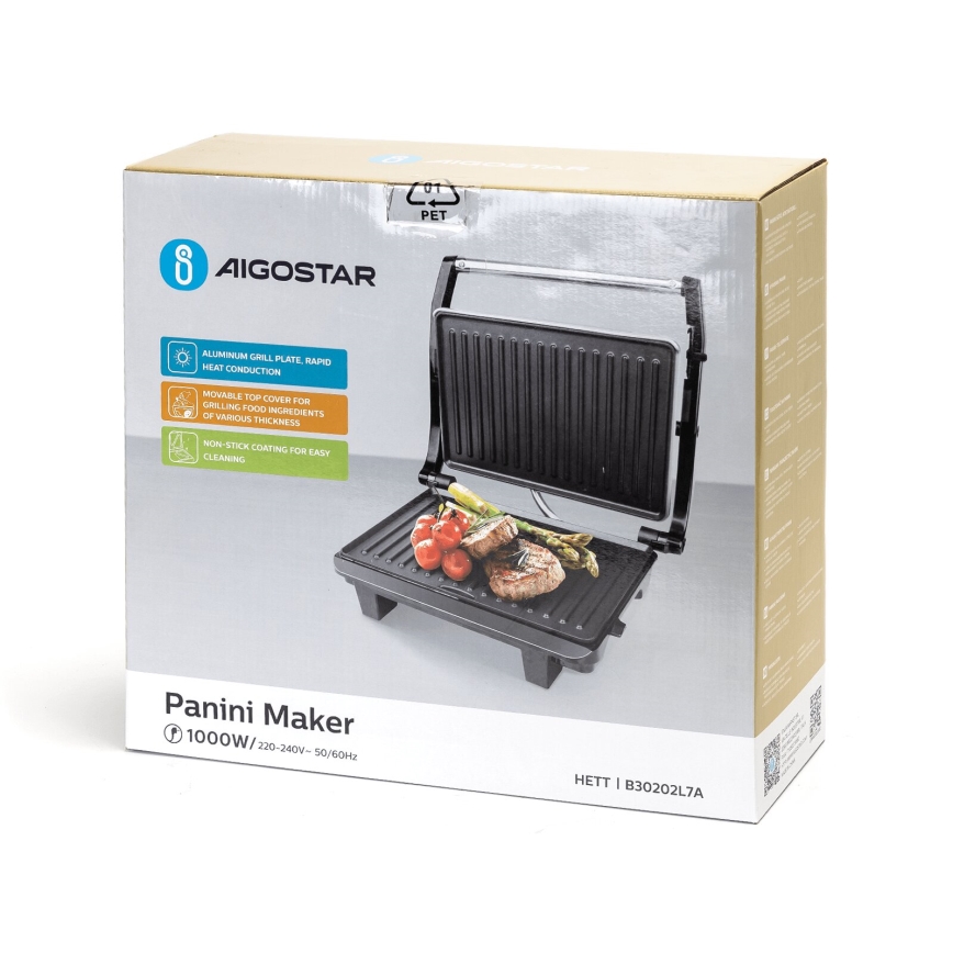 Aigostar - Kontaktni žar 1000W/230V črna/mat krom