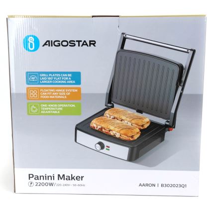 Aigostar - Kontaktni žar 2200W/230V črna/nerjaveče jeklo