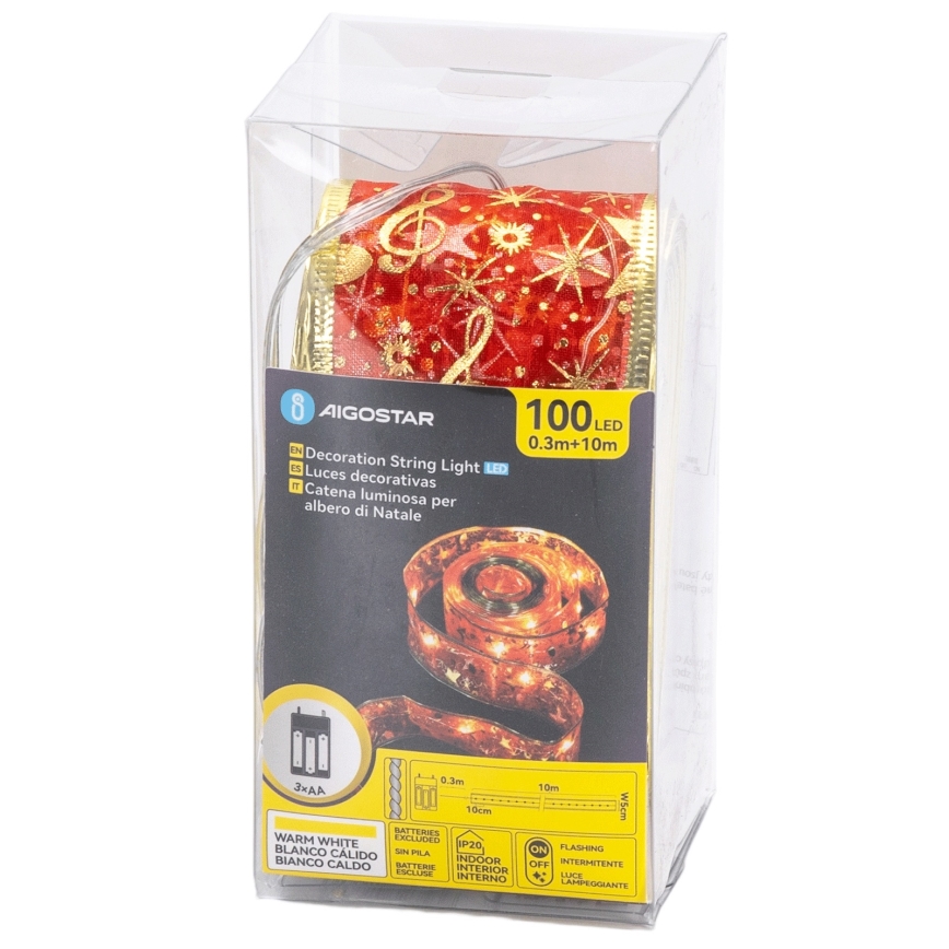 Aigostar - LED božična veriga 100xLED/3xAA 10 m topla bela rdeča