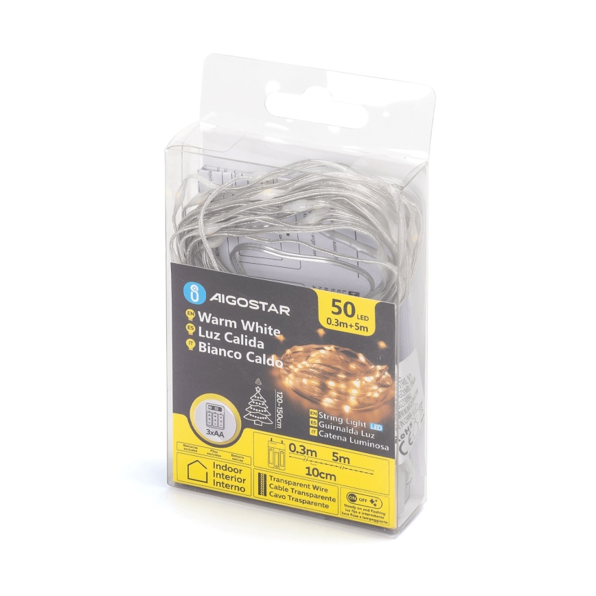 Aigostar - LED Božična veriga 50xLED/3xAA 5,3m topla bela