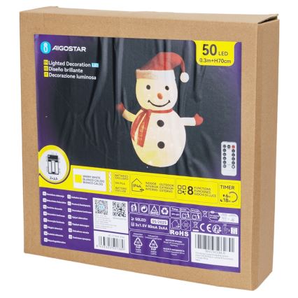 Aigostar - LED božična zunanja dekoracija 50xLED/3xAA 0,7m IP44 snežak + daljinski upravljalnik