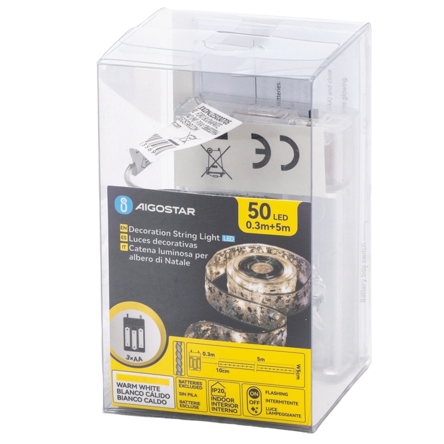 Aigostar - LED božični niz 50 LED, napajanje 3×AA, 5 m, topla bela, srebrna
