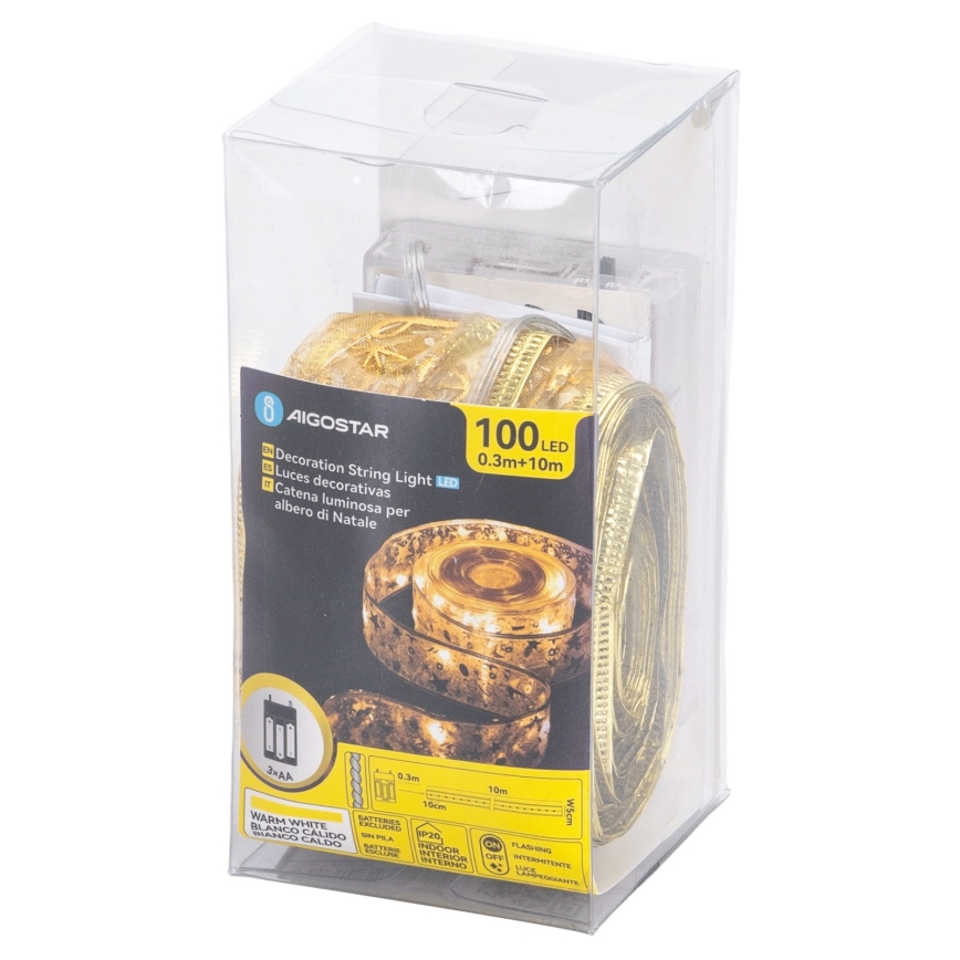 Aigostar - LED božični niz 100xLED/3xAA 10 m topla bela zlata