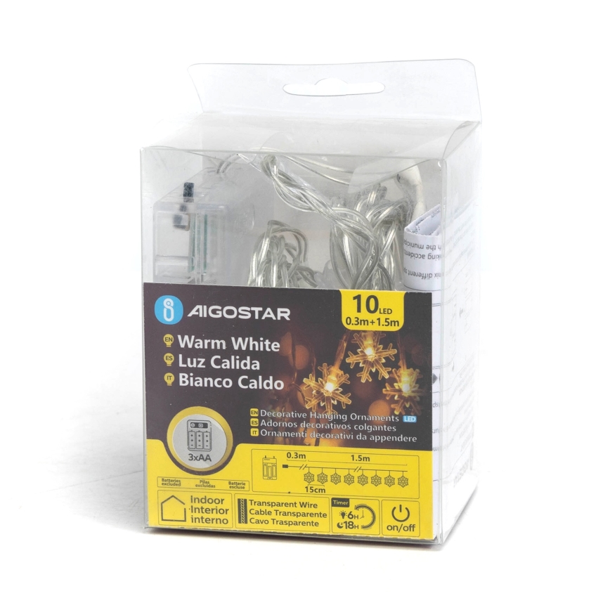 Aigostar - LED božični niz 10xLED/3xAA 1,5 m, topla bela, snežinke