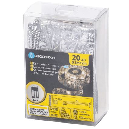 Aigostar - LED božični niz 20xLED/3xAA 2 m topla bela srebrna