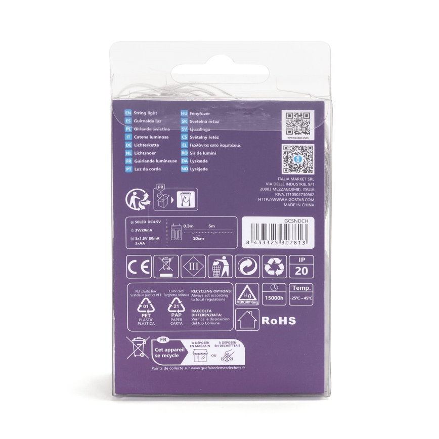 Aigostar - LED božični niz 50xLED/3xAA 5,3m topla bela